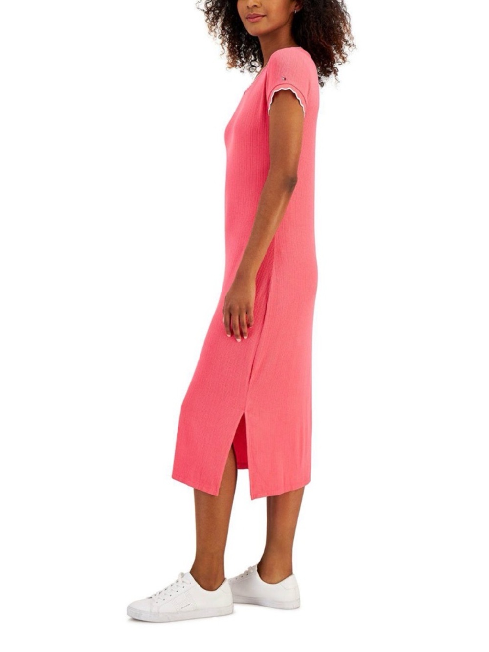 Tommy Hilfiger Women’s Round Neck Short Sleeve Ribbed Hot Pink Midi Dress EUC - Picture 2 of 10